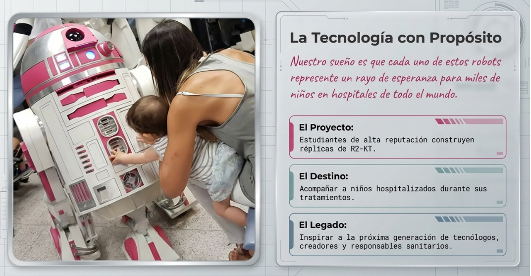 Familia abrazando a R2-KT durante una actividad autorizada