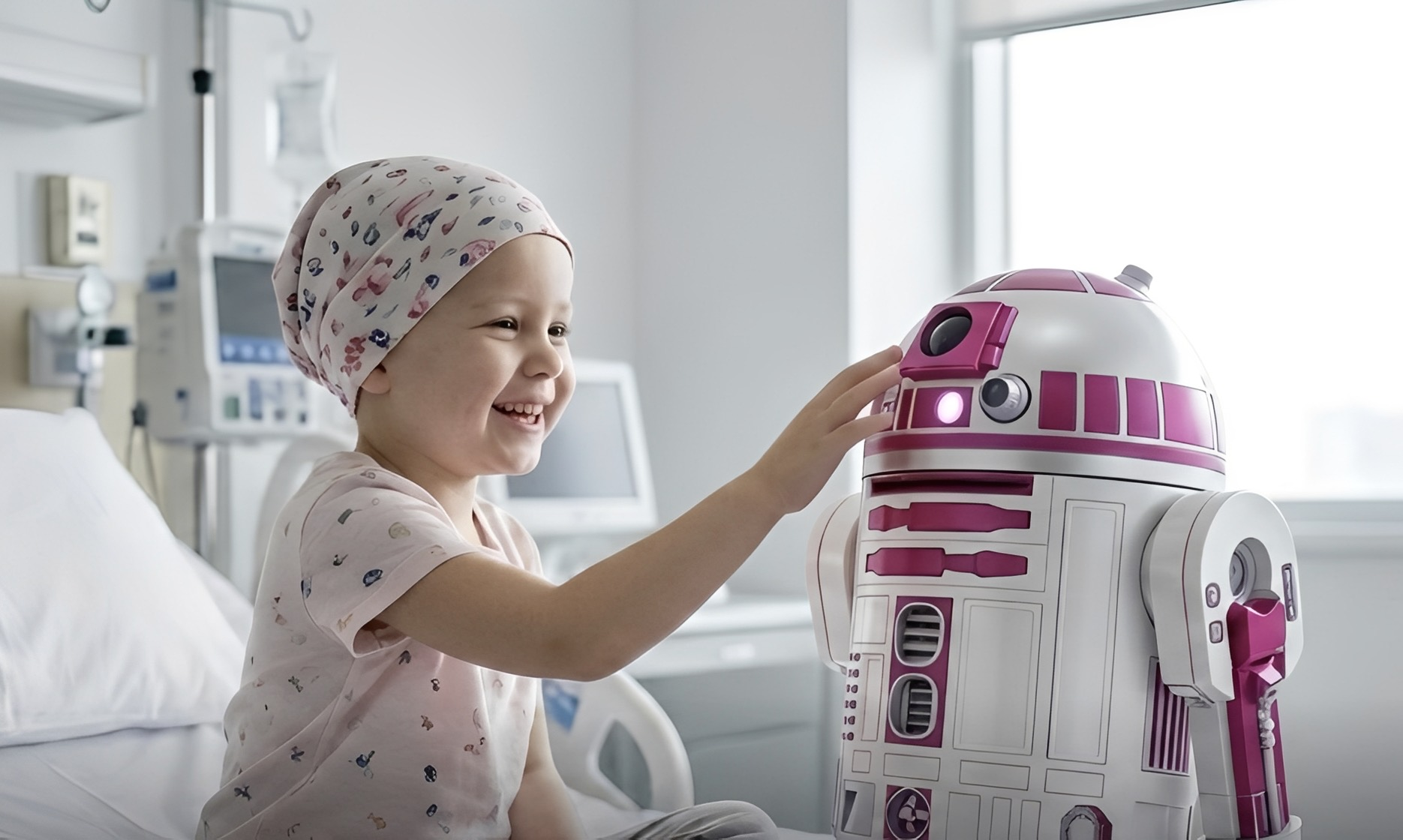 Niña hospitalizada sonriendo junto a R2-KT